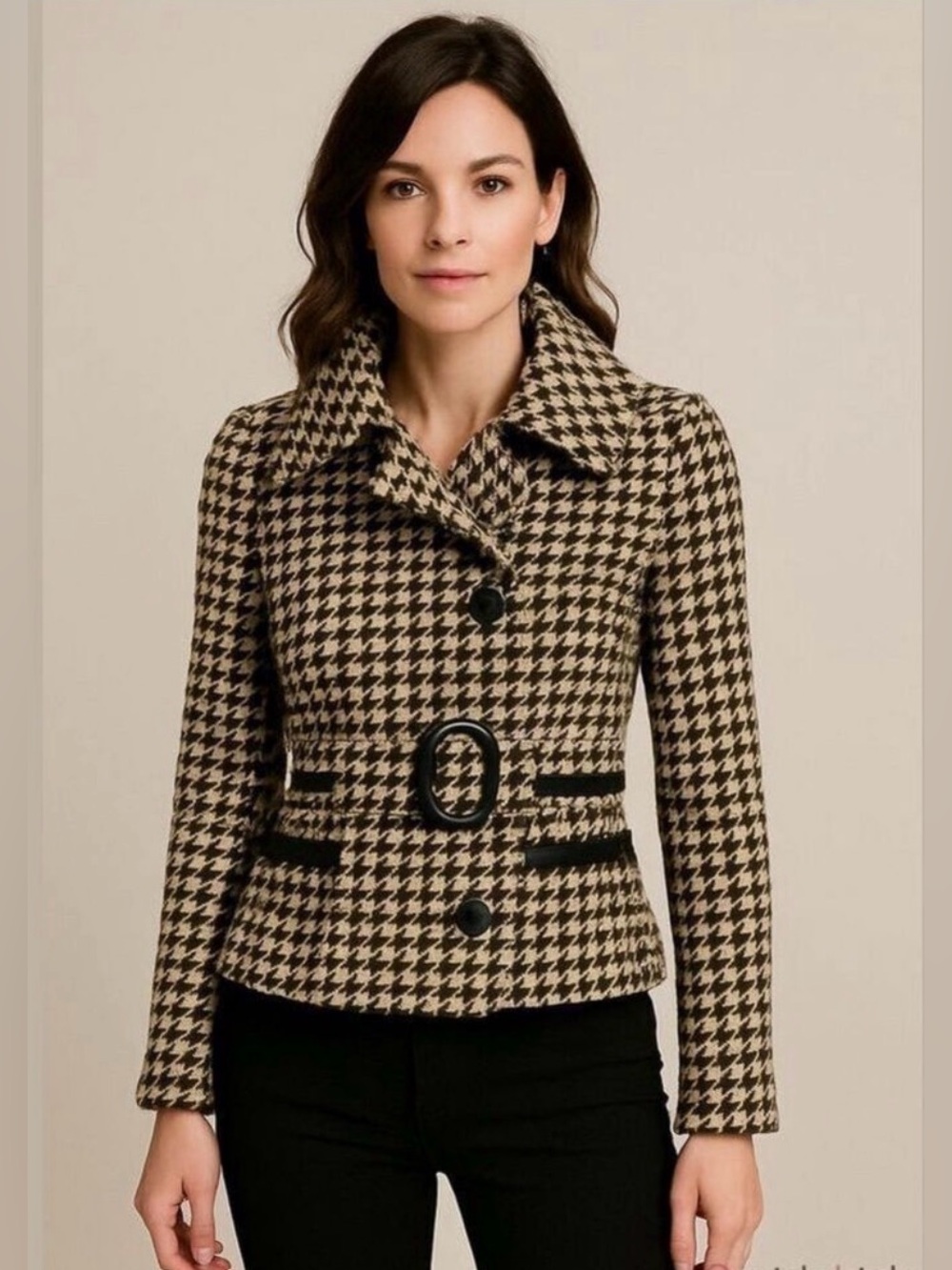 Soia Kyo brown cream houndstooth check jacket XS belted wool retro big collar